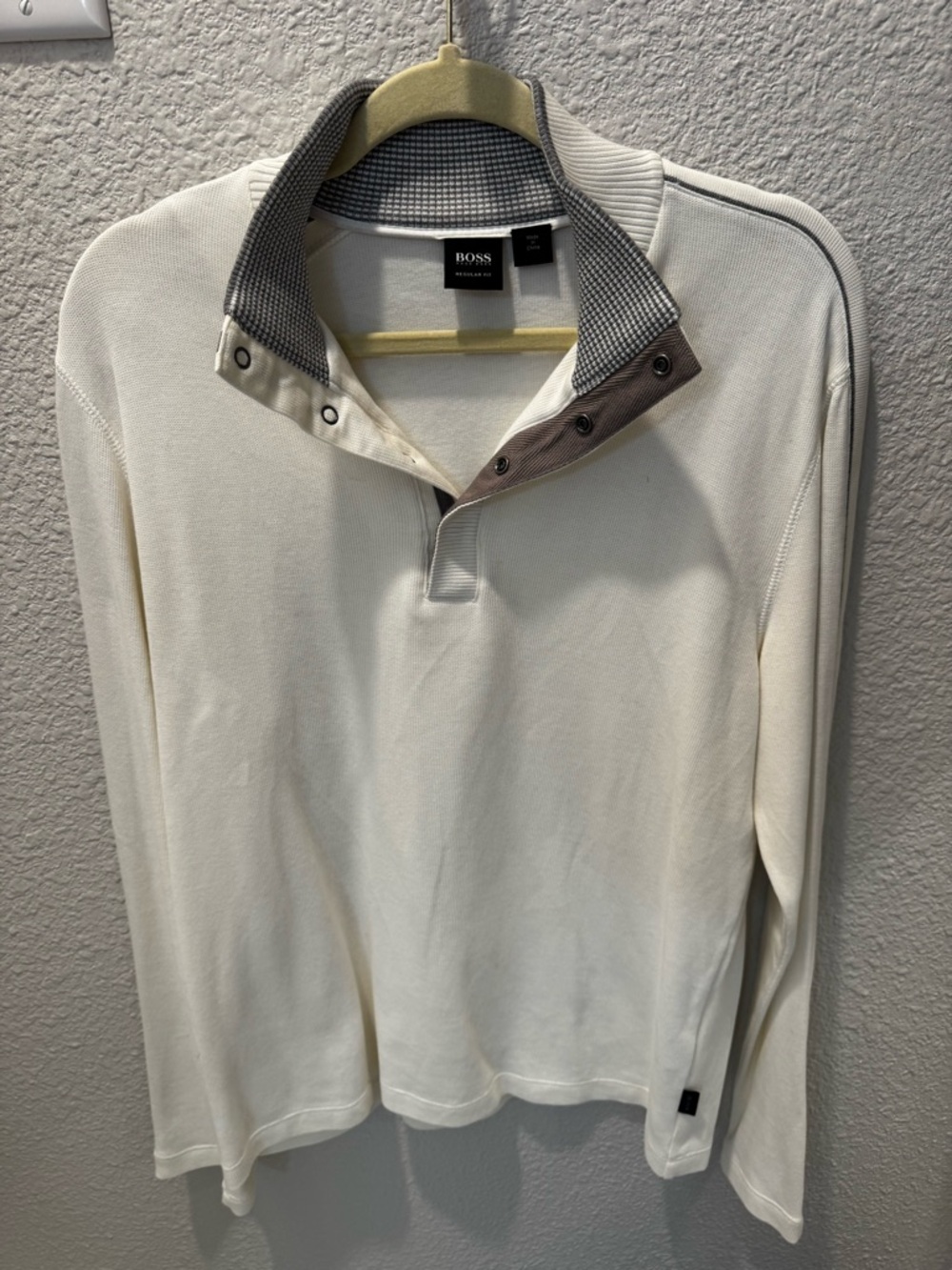 BOSS Cream Long-Sleeve Polo with Contrasting Collar